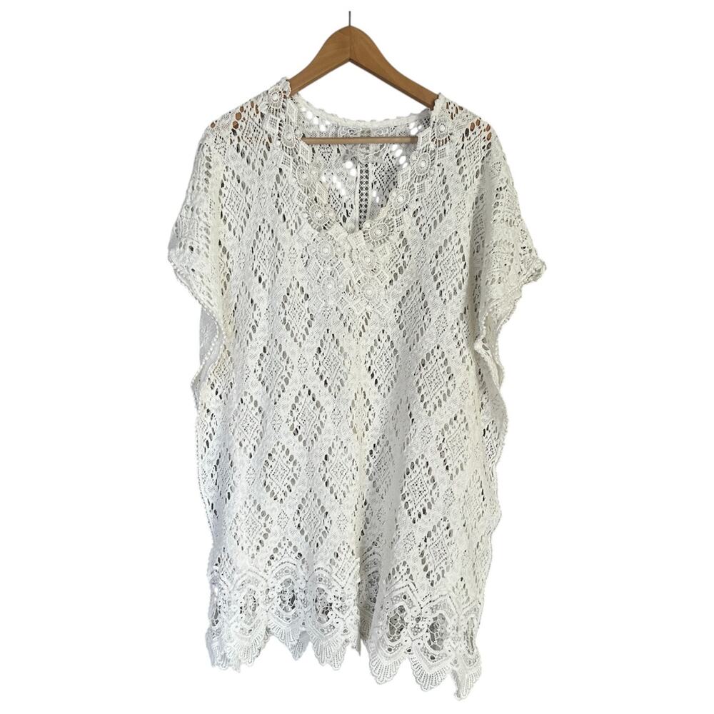 TEMPTATION POSITANO Swim Coverup White Crochet Lace Kaftan Dress Women's Size M